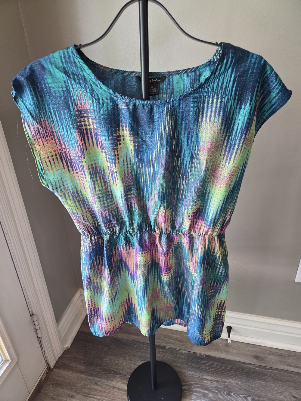 Sunny Taylor Teal Multicolor Cap-Sleeve Peplum Blouse